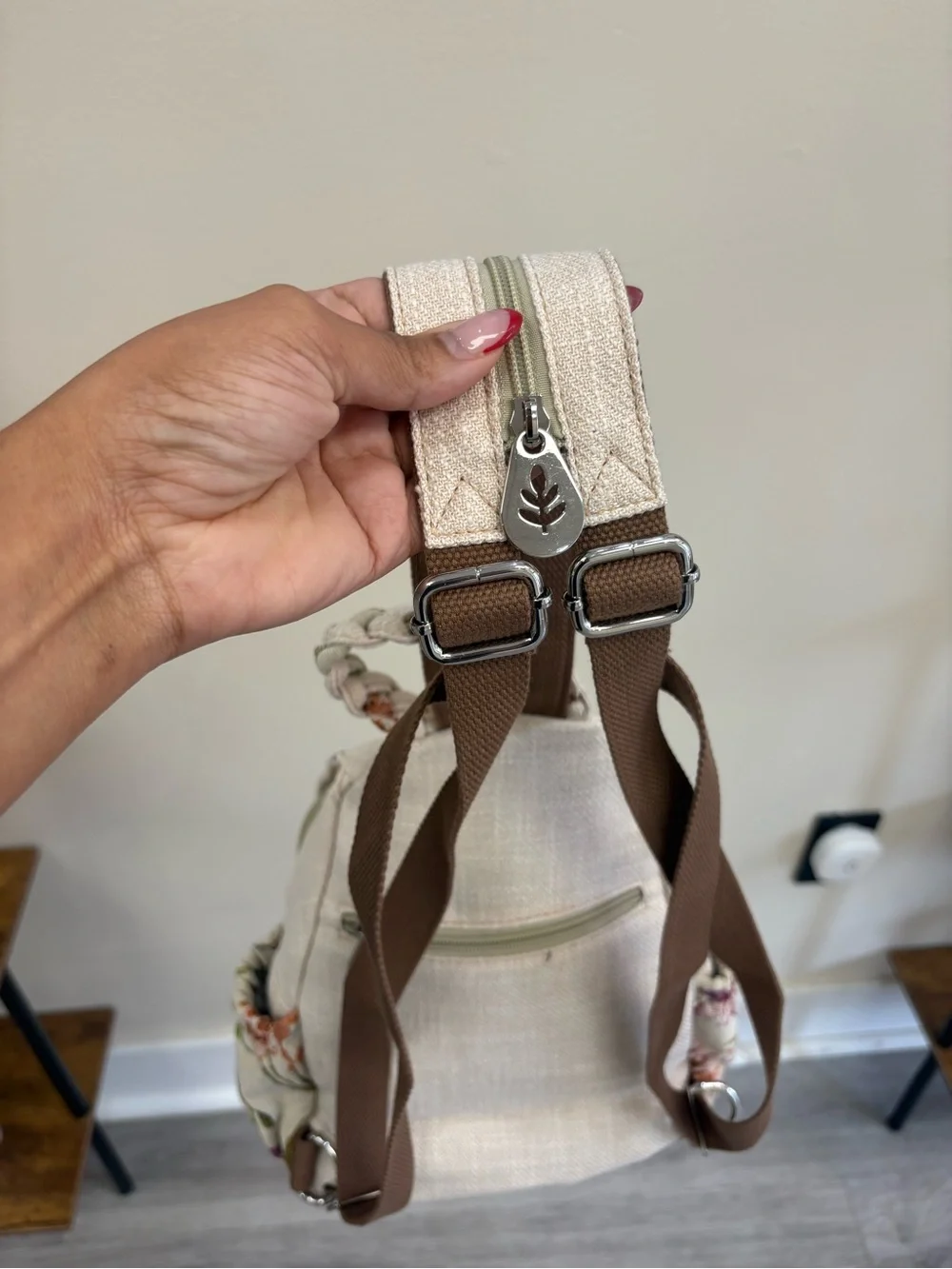 Canvas Floral Backpack with Green Leaf and Berry, vintage Floral